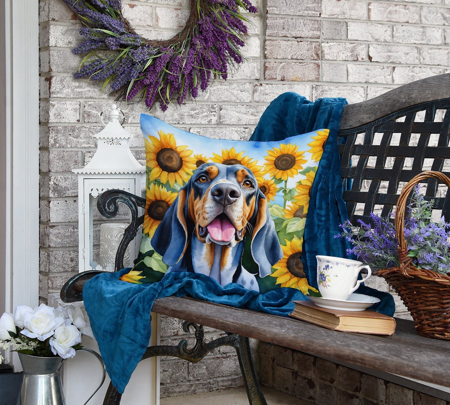 English Coonhound in Sunflowers Throw Pillow 18 in x 18 in