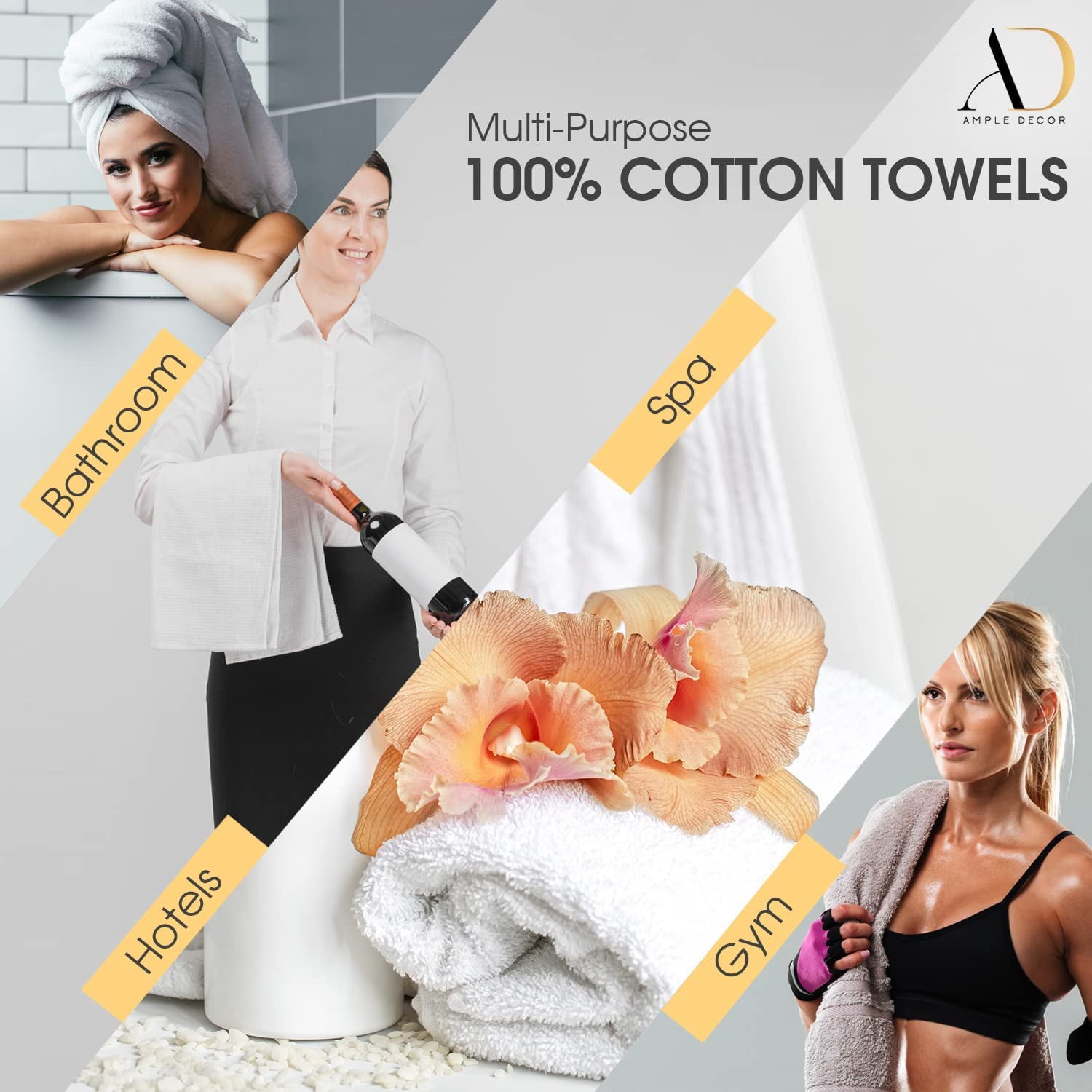 Ample Décor Bathroom Towel Set of 12- 4 Bath Towel, 4 Hand Towel, 4 Washcloths - Machine Washable - Beige & Grey
