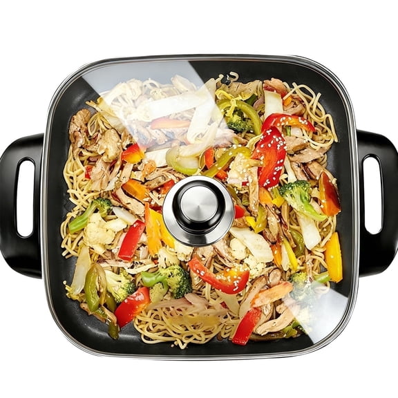 Cast Iron Electric Skillet with Lid , Nonstick Coating Adjustable Temperature , Fast Heating Glass Vented Lid Kitchen Cooking Pan