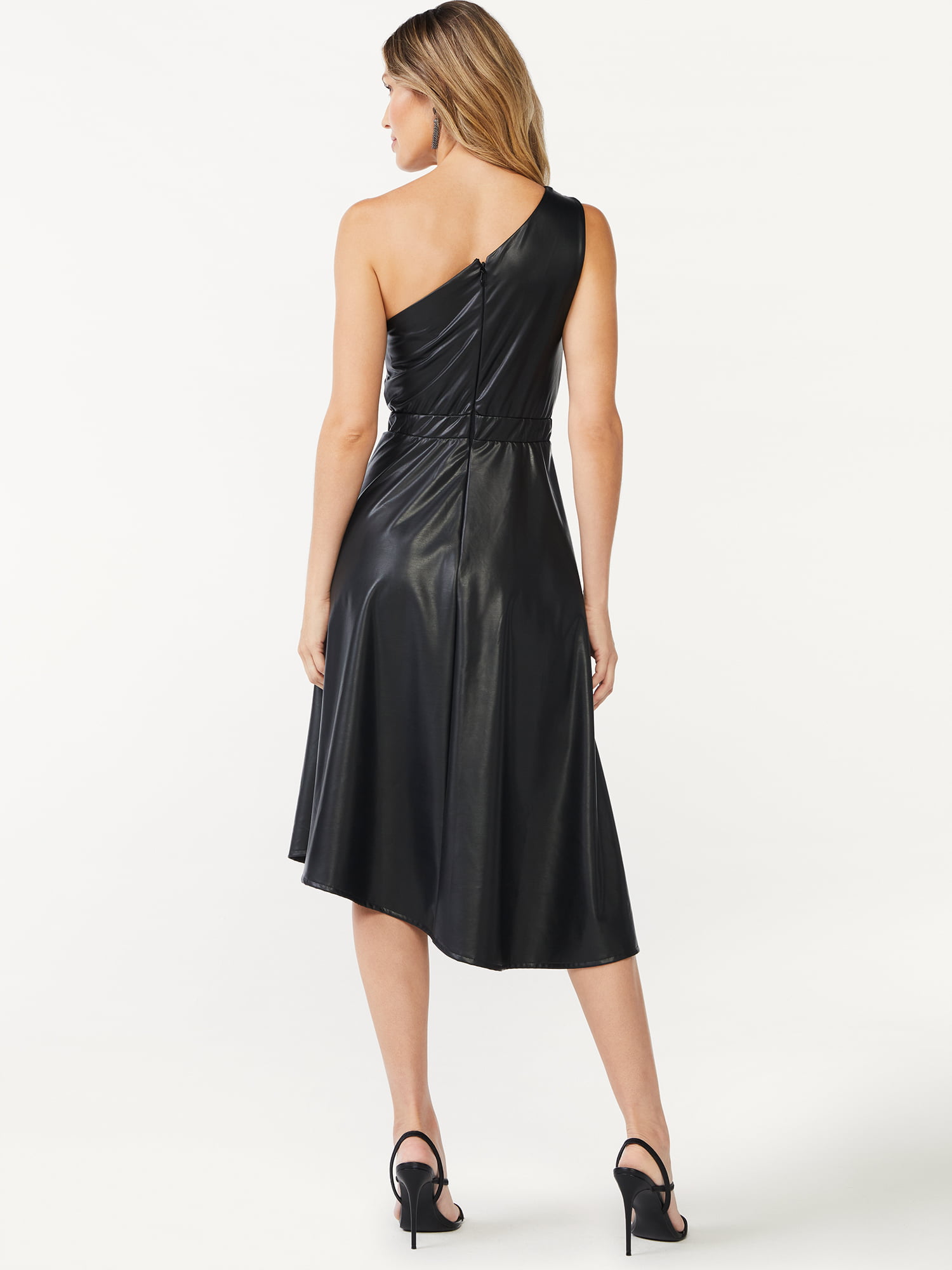 Classy Black One Shoulder Women Faux Leather Dress