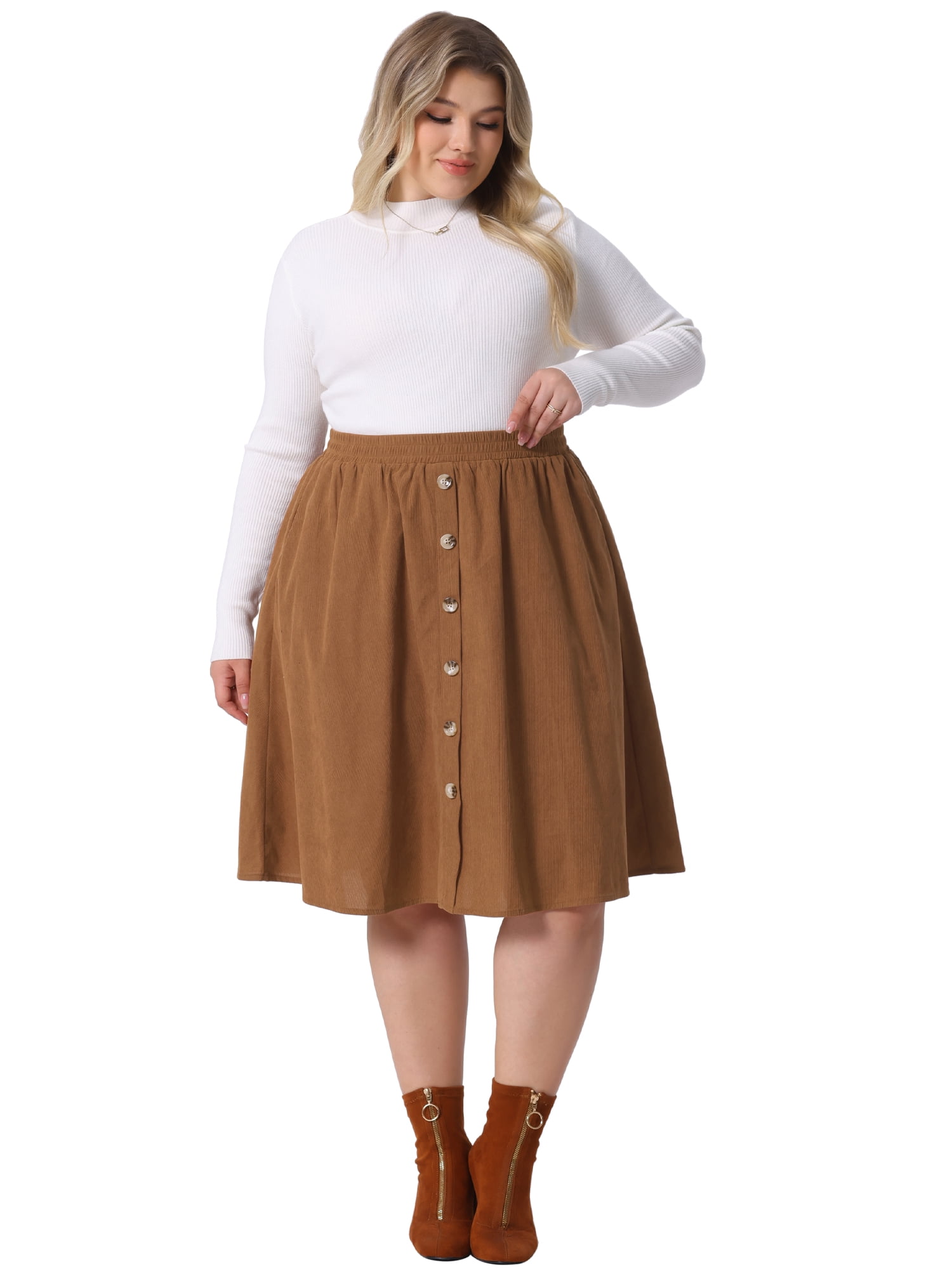 DARING DIVA Women's Plus Elastic High Waist Corduroy Skirt with Pocket 2X Dark Brown