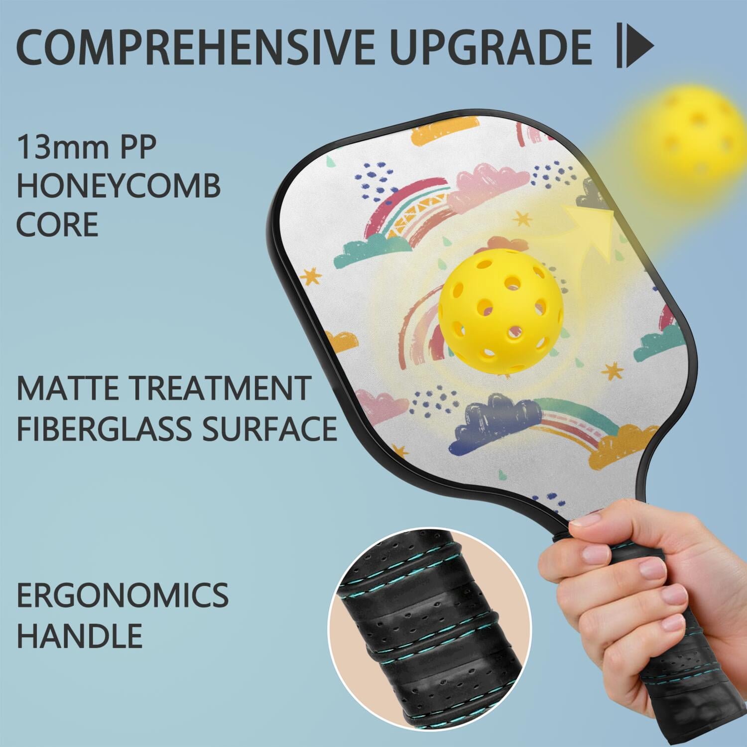Pickleball Paddles Set Of 1, Fiberglass Surface, Vibrant Rainbow Print, 1 Paddle, 2 Balls & Bag