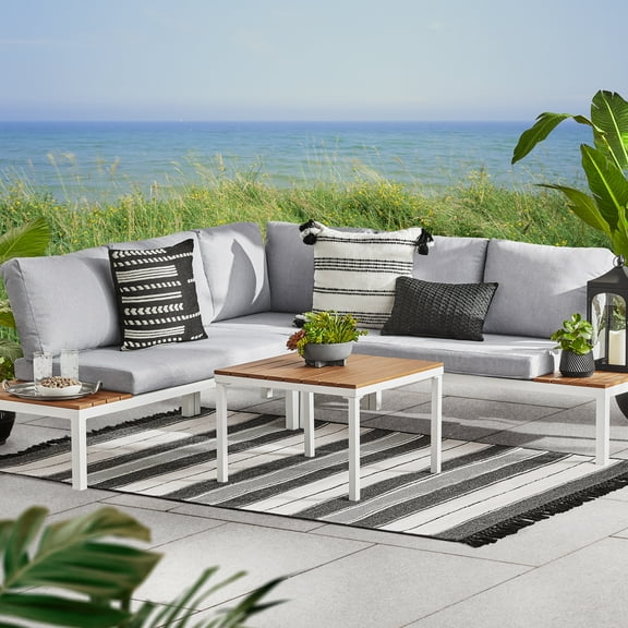 Mainstays Oakleigh 4-Piece Outdoor Chaise Sectional Set with Table, Seats 5, White