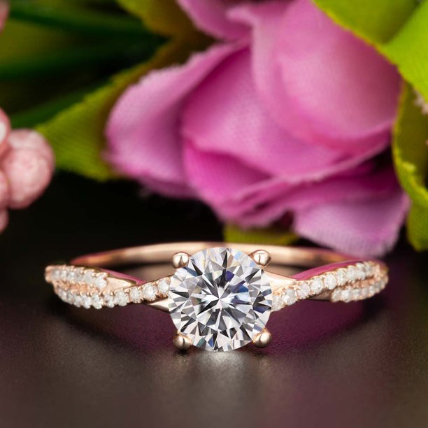 JeenMata Flawless 1.25 Carat Round Cut Moissanite Engagement Ring in 18k Rose Gold Over Silver