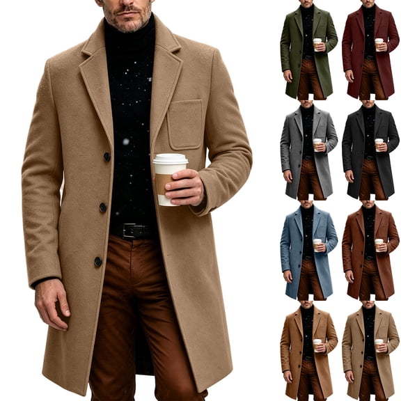 Men’s Wool Blend Pea Coat Casual Mid Length Jacket Single Breasted Overcoat Notched Lapel Fall Winter Soft Warm Trench Coat with Chest Pocket
