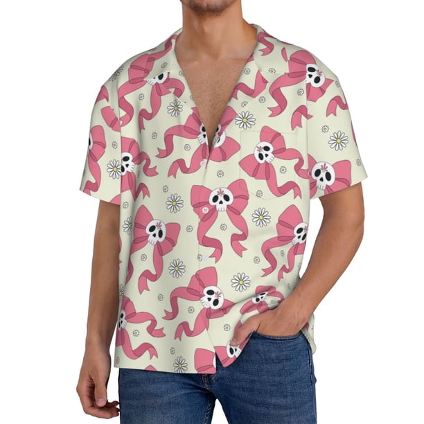 Balery Bow With Sugar Skull Camisa Casual de Manga Corta con Botones para Hombre, Texturizada, Estilo Cubano, para Playa, Verano-XX-Large