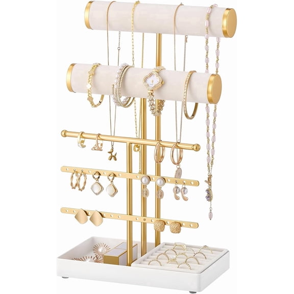 TAVENE Bracelet Display Stand Necklaces Holder, 5 Tiers Jewelry Organizer and Storage Rack with Velvet Slot and Metal Base, for Women Bangles Watches Ring Earrings -White