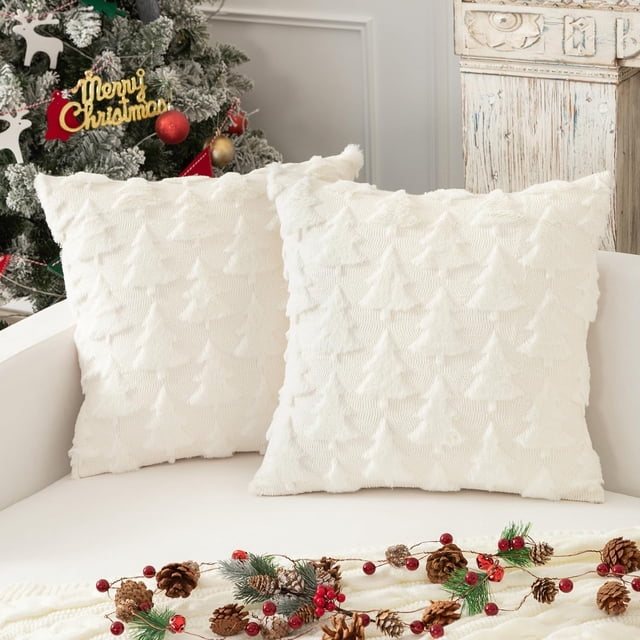 Navidad Fundas para Cojines de Christmas Tree, Fundas de Almohada Navidad de 45 x 45 cm, Alce y Copo Nieve Cojín Decorativos Sala, Decoración Navideña Casa (2, Blanco-árbol de Navidad)
