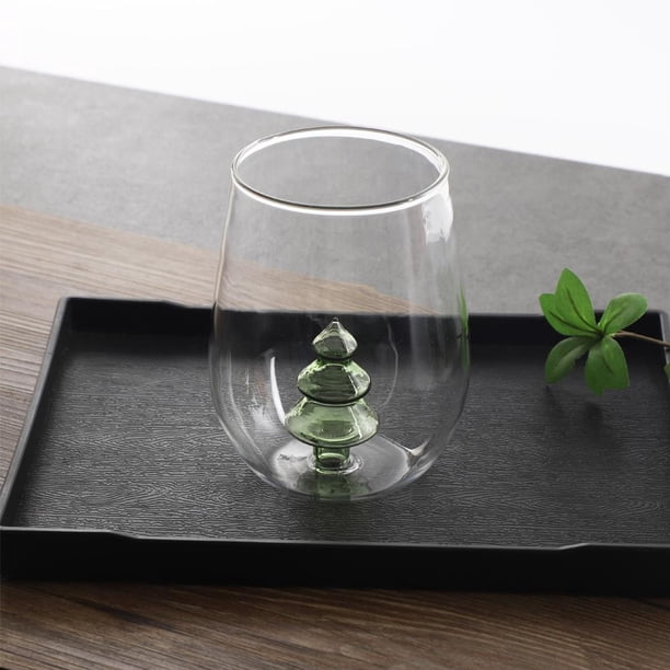 TQEHS Copa de vino sin tallo pulunto, copa de vino 3D con figura de árbol de Navidad en el interior, copa de vidrio decorativa para beber, copa de vino con temática de árbol de Navidad para uso domést