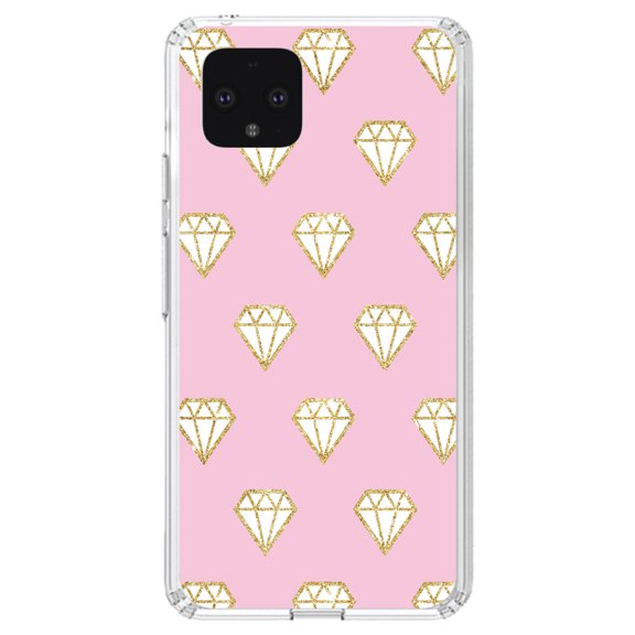 DistinctInk Clear Shockproof Hybrid Case for Google Pixel 4 XL (6.3" Screen) - TPU Bumper, Acrylic Back, Tempered Glass Screen Protector - Pink & Gold Print - Diamond Pattern