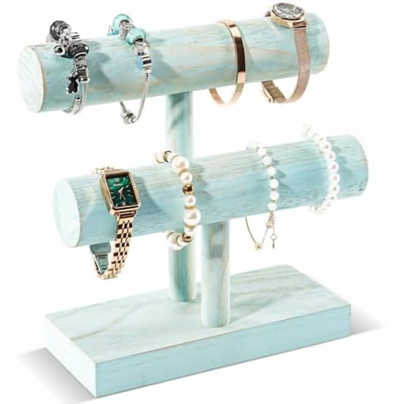 Bracelet Holder Display Bracelet Organizer, Wooden Bracelet Stand for Selling, T-bar Bangle Storage Rack Wood Watch Display Tower for Business - 2 Tier, Aqua