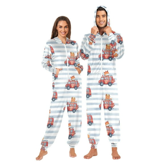 Adult Christmas Onesie Cute Fire Truck and Fox Adult Zipper One-Piece Pajamas Unisex Pajamas with Pockets
