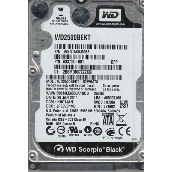 WD2500BEKT-60PVMT0, DCM HHCTJAN, Western Digital 250GB SATA 2.5 Hard Drive