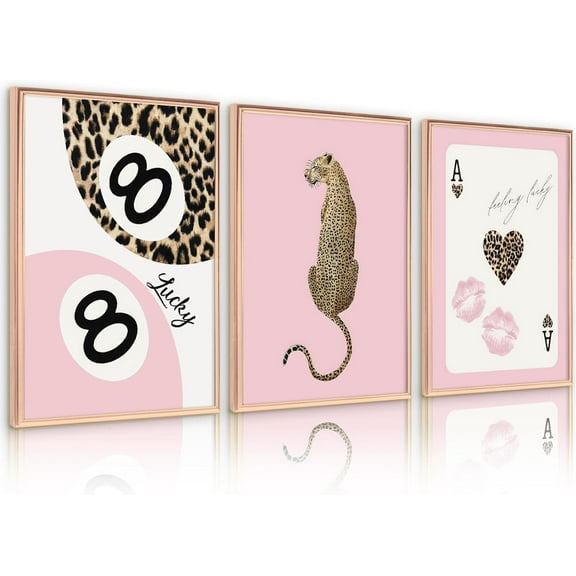 Hieng Cheetah Trendy Wall Art Preppy Leopard Canvas Print Cheetah Room Wall Decor 8 Ball Poster Y2k Pink Coquette Luxury Print Lucky Aesthetic Fashion Pictures for Bedroom