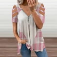 thumbnail image 2 of Pink Heart Check Merch Womens Summer V Neck Zipper Top Short Sleeve T Shirt Off Shoulder Top Casual Classy Loose Shirts, 2 of 7
