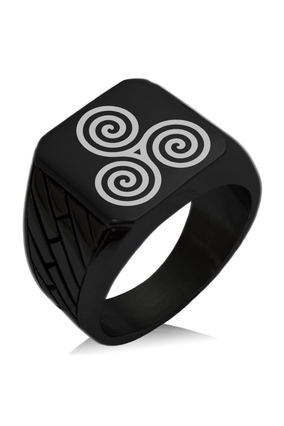 Stainless Steel Celtic Triskele Triskelion Triple Spiral Geometric Pattern Biker Style Polished Ring