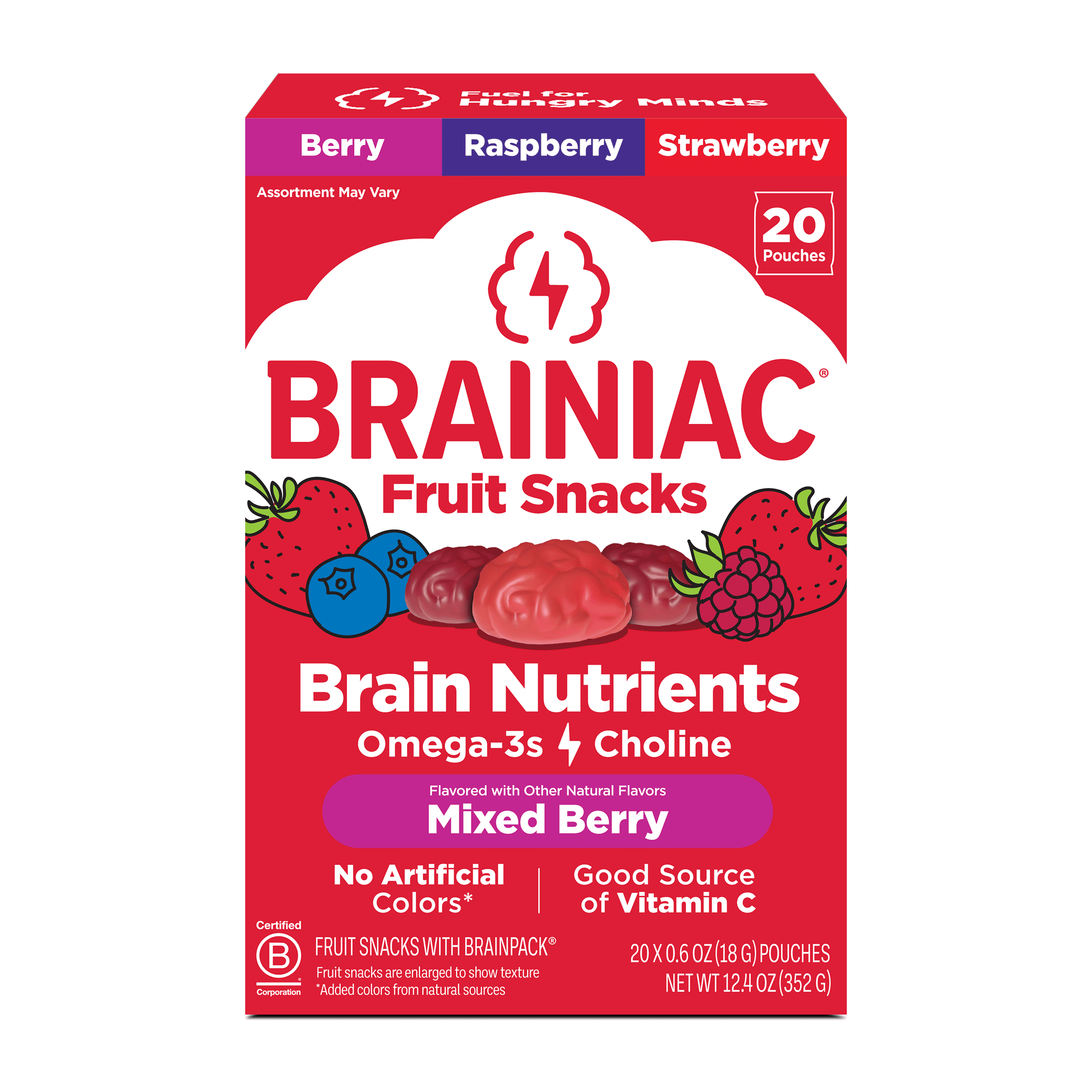 (2 pack) Brainiac Fruit Snacks with BrainPack, Mixed Berry Flavor, 20 Count