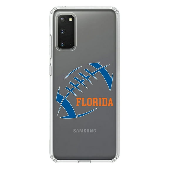 DistinctInk Clear Shockproof Hybrid Case for Galaxy S20 PLUS / 5G (6.7" Screen) - TPU Bumper, Acrylic Back, Tempered Glass Screen Protector - Florida Football - Orange, Blue
