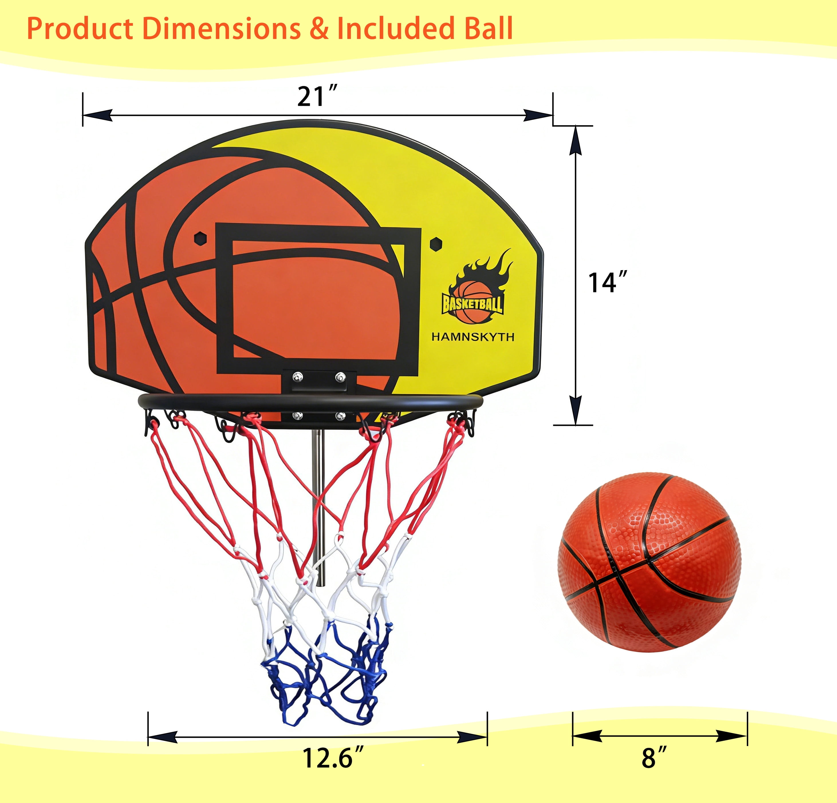 Hamnskyth Trampoline Basketball Hoop, Fits Most Straight & Curved Poles, Stainless Steel Angle-Adjustable Base, Includes Mini Basketball & Pump