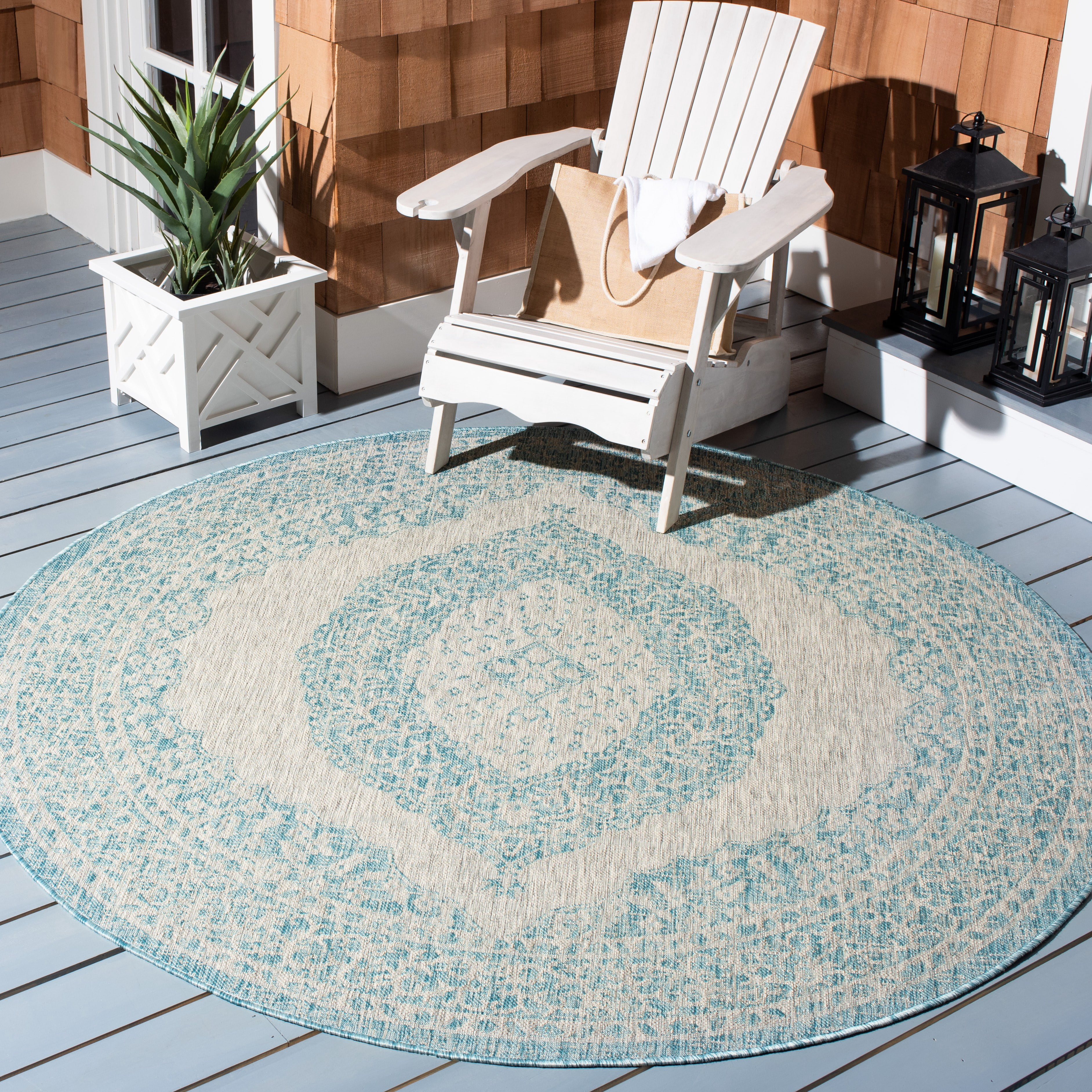 SAFAVIEH Courtyard Avi Medallion Indoor/Outdoor Area Rug, Light Grey/Aqua, 4' x 4' Round