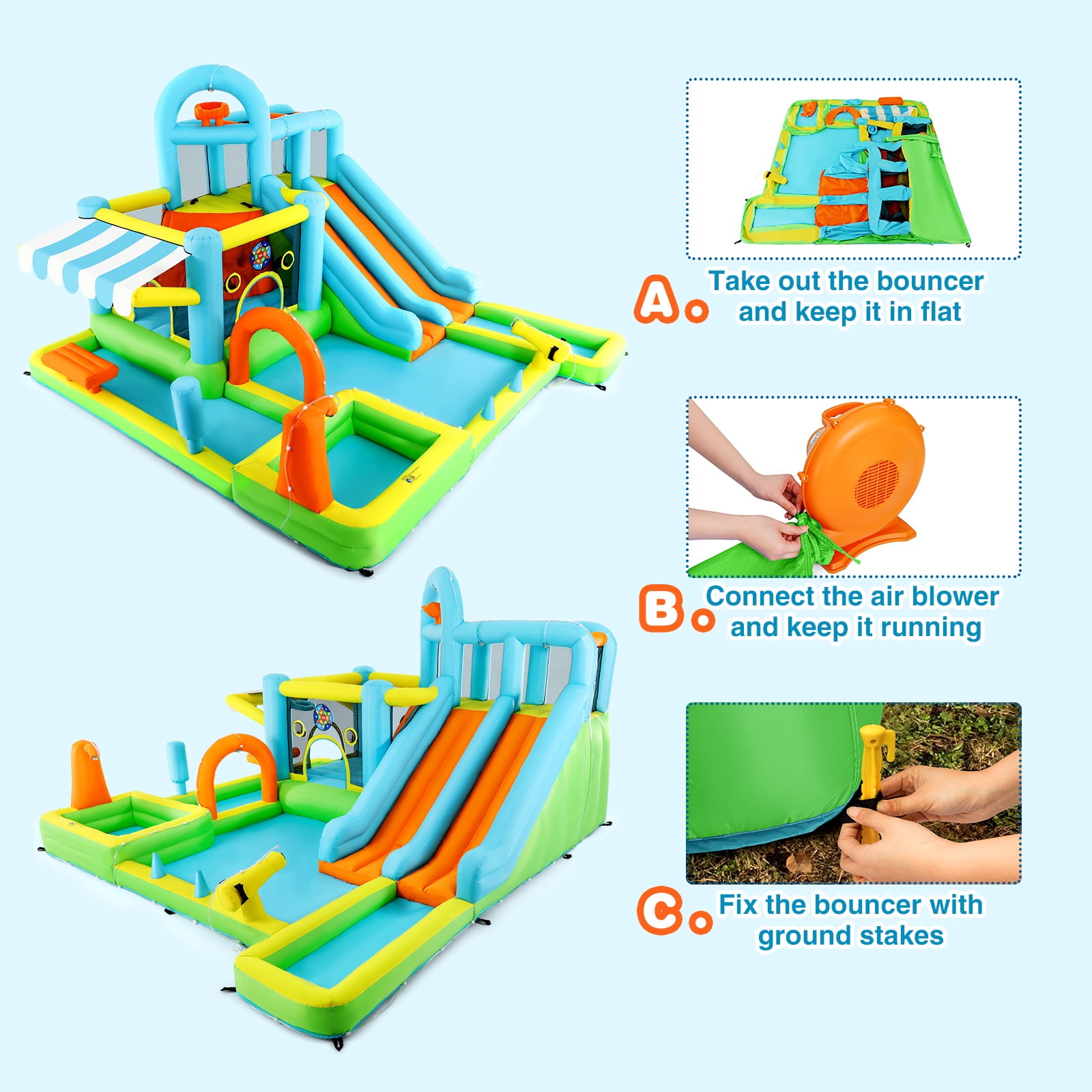 10in1 Heavy Duty Double Water Slide Inflatable Bounce House Giant Water Park w/650W Blower,Splash Pool,Sunshade,Climbing Wall,Jumping,Basketball Hoop,Ring Toss Game,Water Gun Outdoor Backyard