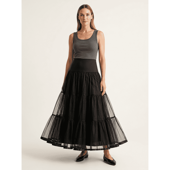 QSAWXQZ Women's Tiered Tulle Petticoat Maxi a-line Skirt for Prom Evening Black 2XL