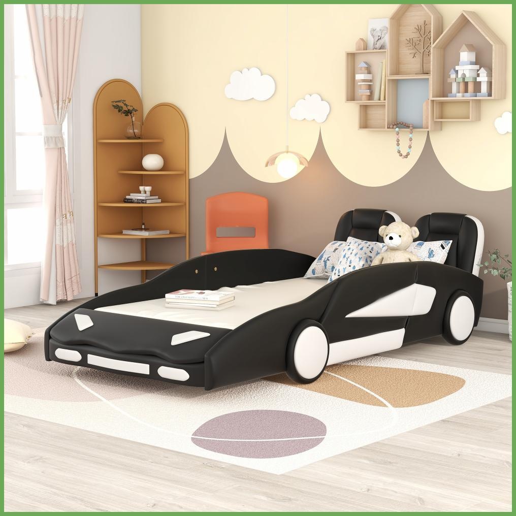 Twin Size Pine Wood Platform Bed Frame, Race Car Design with Wheels, No Box Spring Needed, Black