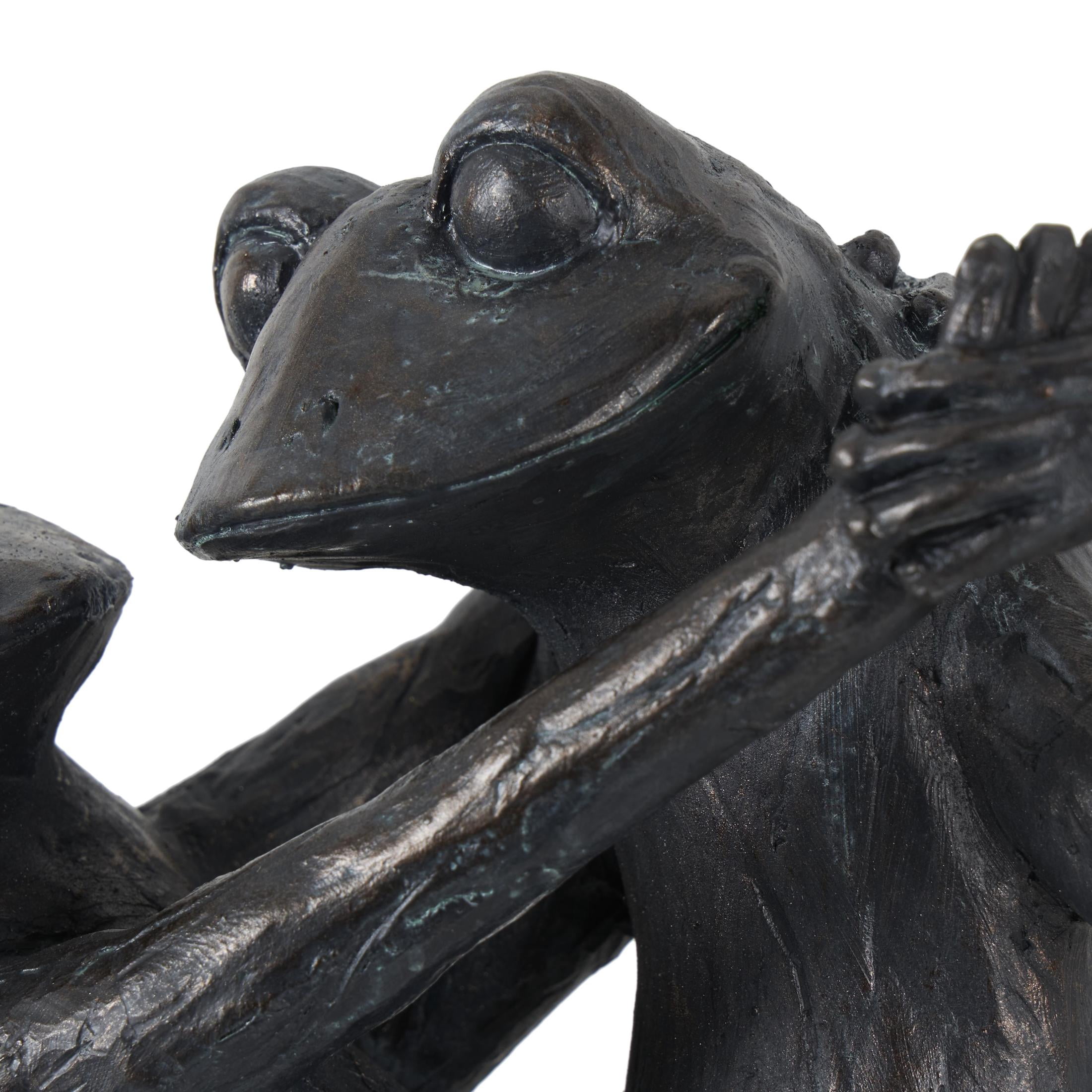 9" x 17" Bronze Resin Patina Dancing Frog Sculpture with Rock Base, by DecMode
