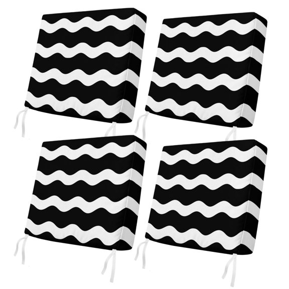 Outdoor Patio Cushion Covers 4 Pack Black and White Stripes Chair Pads Slipcovers with Ties & Zipper Waterproof Seat Cover Sea Wave Seat Cushion Covers for Outdoor Furniture Couch Sofa 22x22 Inch