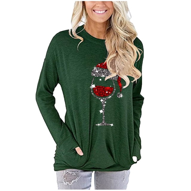 Camisetas de manga larga con cuello redondo y estampado informal de Navidad para mujer, blusa con bolsillos, camisetas Pompotops gfhjh15199