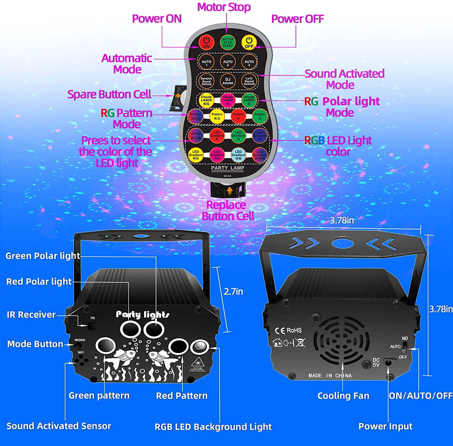LNKOO Party Lights, RGB Disco Light with Remote Control Dj Lighting, Strobe Lamp Stage Par Light for Home Room Dance Parties Bar Karaoke Xmas Wedding Show Club