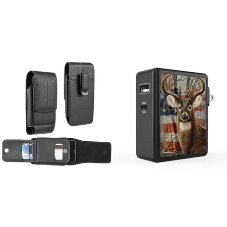 Holster and Wall Charger Bundle for Samsung Galaxy S22: Vertical Wallet Belt Pouch Case (Black) and 45W Dual USB Port PD Power Delivery Type-C and USB-A Power Adapter (American Deer Camo)