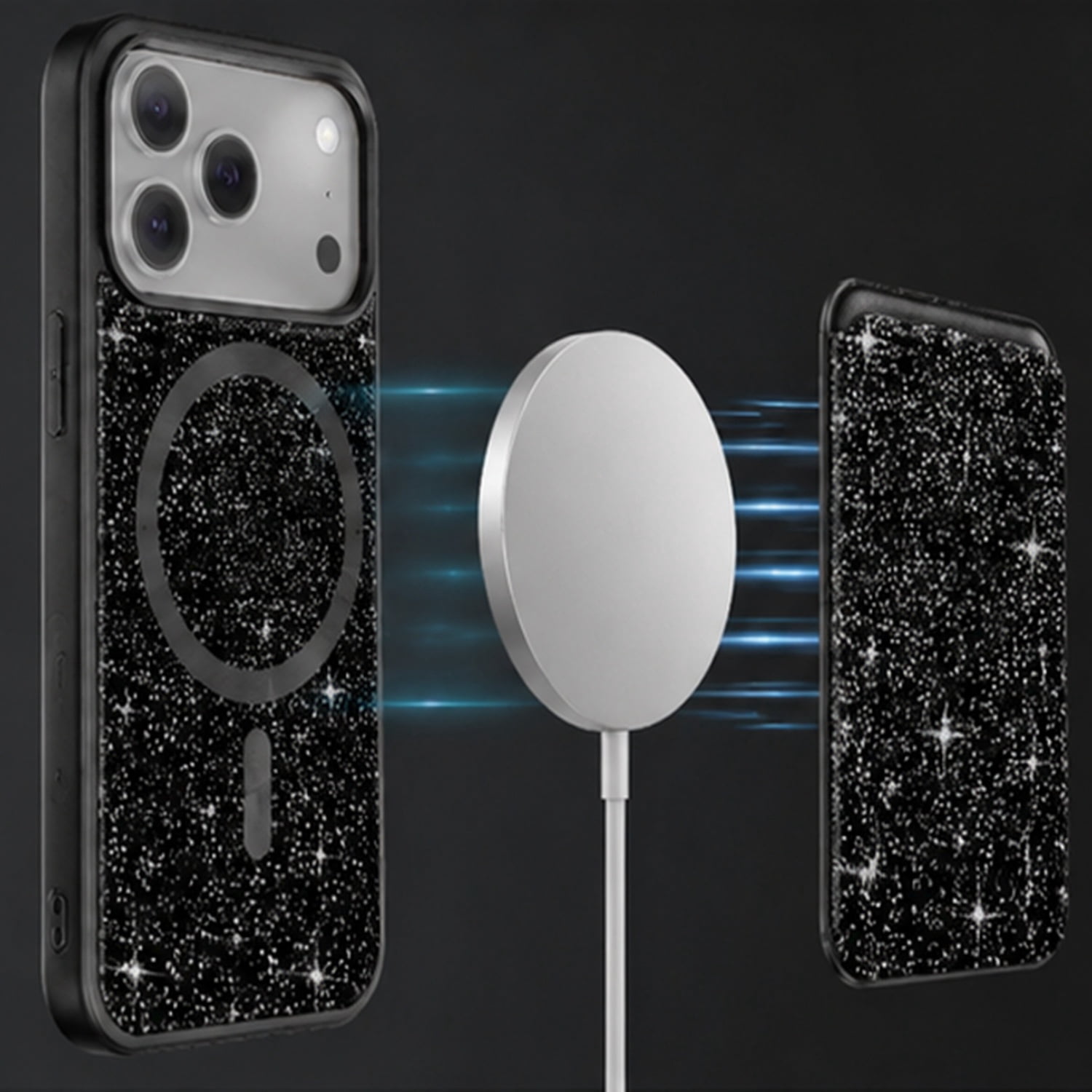 Magnetic Diamond Dual Layer Protection Case with Magnetic Card Slot for iPhone 17 Pro Max - Black