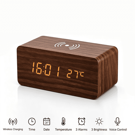 VOLIVO Digital Wooden Alarm Clock, LED Desk Clock with Wireless Charging, Adjustable Brightness, Voice Activated Timer, Temperature Display, Modern Bedside Clock for Home Bedroom