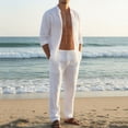 thumbnail image 5 of Ohufall Cotton Linen Sets for Men Solid Color Button Long Sleeve Pockets Vacation Casual Shirts with Pants Outdoor Sets, 5 of 7