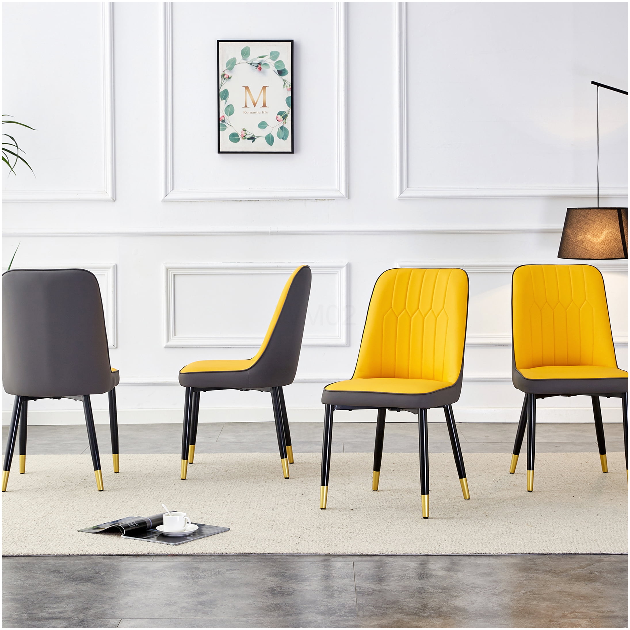Modern Dining Chairs Set of 4, PU Leather Upholstered Side Chairs with Black Metal Legs for Kitchen Dining Room Office