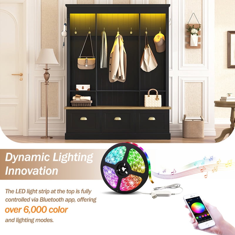 LED Lighting Hall Tree with 9 Hooks, Large Shoe Storage Bench with 3 Flip-Down Cabinets, Farmhouse Entryway Coat Rack Organizer