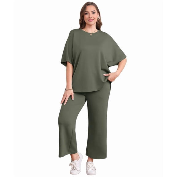 Two Piece Sets for Women Summer Outfits Wide Leg Crop Pants Lounge Sets Beach Vacation Clothes Green M