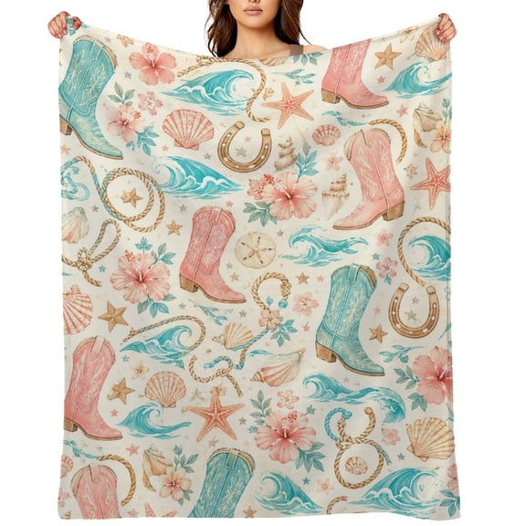 Coastal Cowgirl SummerFlannel Fleece Throw Blanket, Soft Lightweight Cozy Plush Blanket for Couch Sofa Bed, All Season Microfiber Blanket for Home Travel Office, Father’s Day Gift