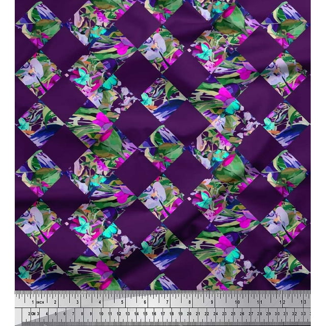 Soimoi Rayon Fabric Artistic Floral & Check Geometric Decor Fabric Printed Yard 42 Inch Wide