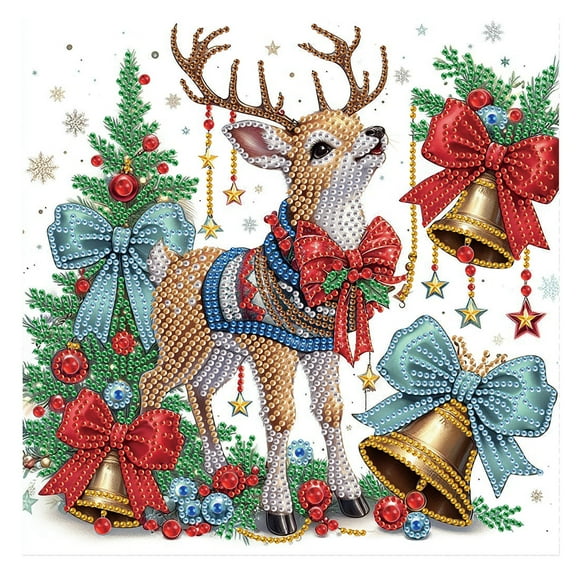 Diamond Art Painting Set, Bowknot Bell Deer DIY 5D Diamond Art Adult Set Mosaic Crafts, suitable for home, office wall decoration, can be packaged as Christmas gifts for friends
