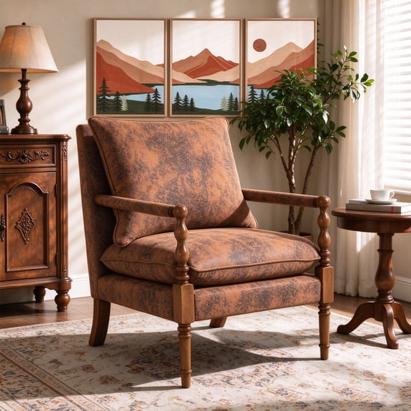 Mid-Century Vintage Spindle Armchair,Tech-Fabric Accent Chair with Cushion & Wood Frame for Living Room Bedroom Office,Coffee