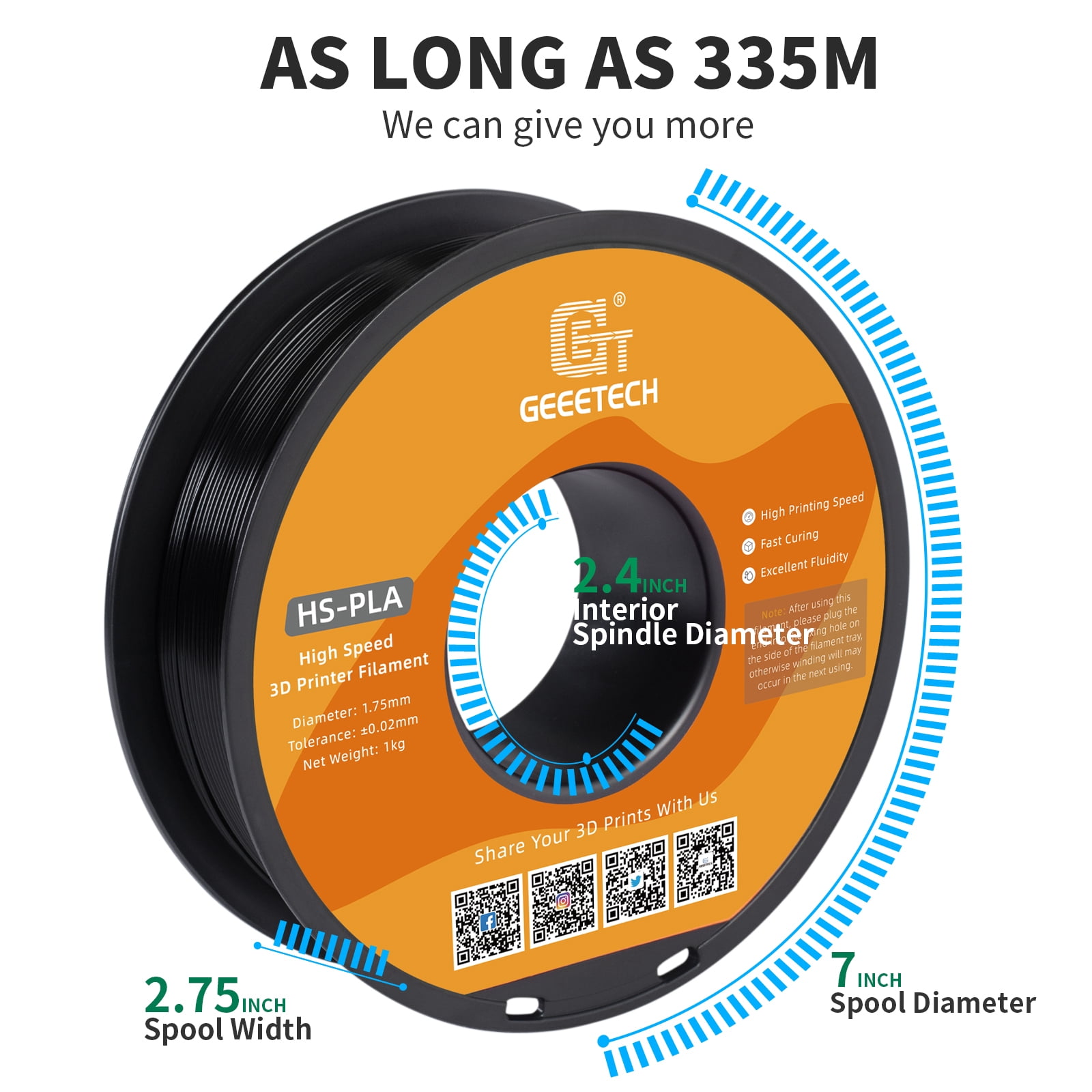 Geeetech 1.75mm PLA 3D Printer Filament, 10kg Spool (22lbs), Dimensional Accuracy +/- 0.03mm,Black