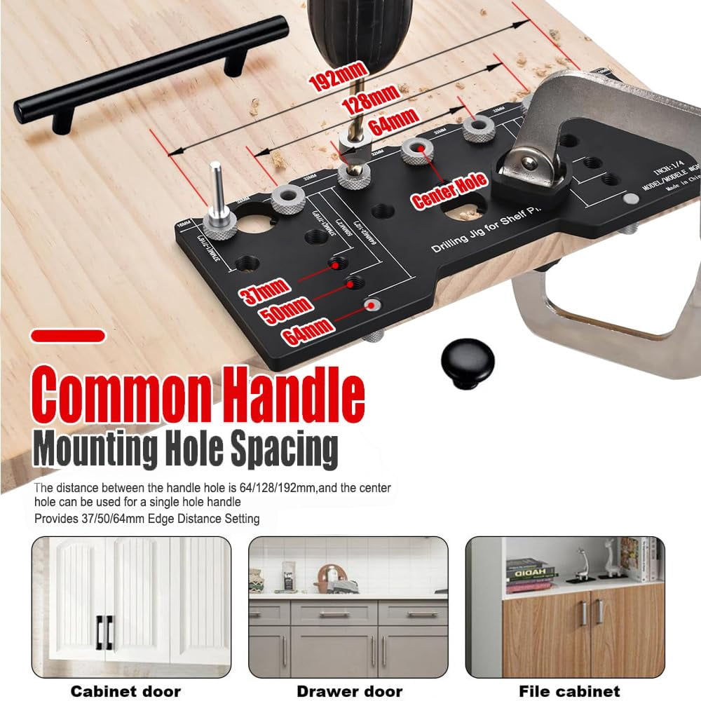 Adjustable Aluminum Alloy Cabinet Hardware Jig Shelf Pin Jig with 2 PCS 5mm Drill Bits Woodworking Pocket Hole Punch Locator Drill Guide