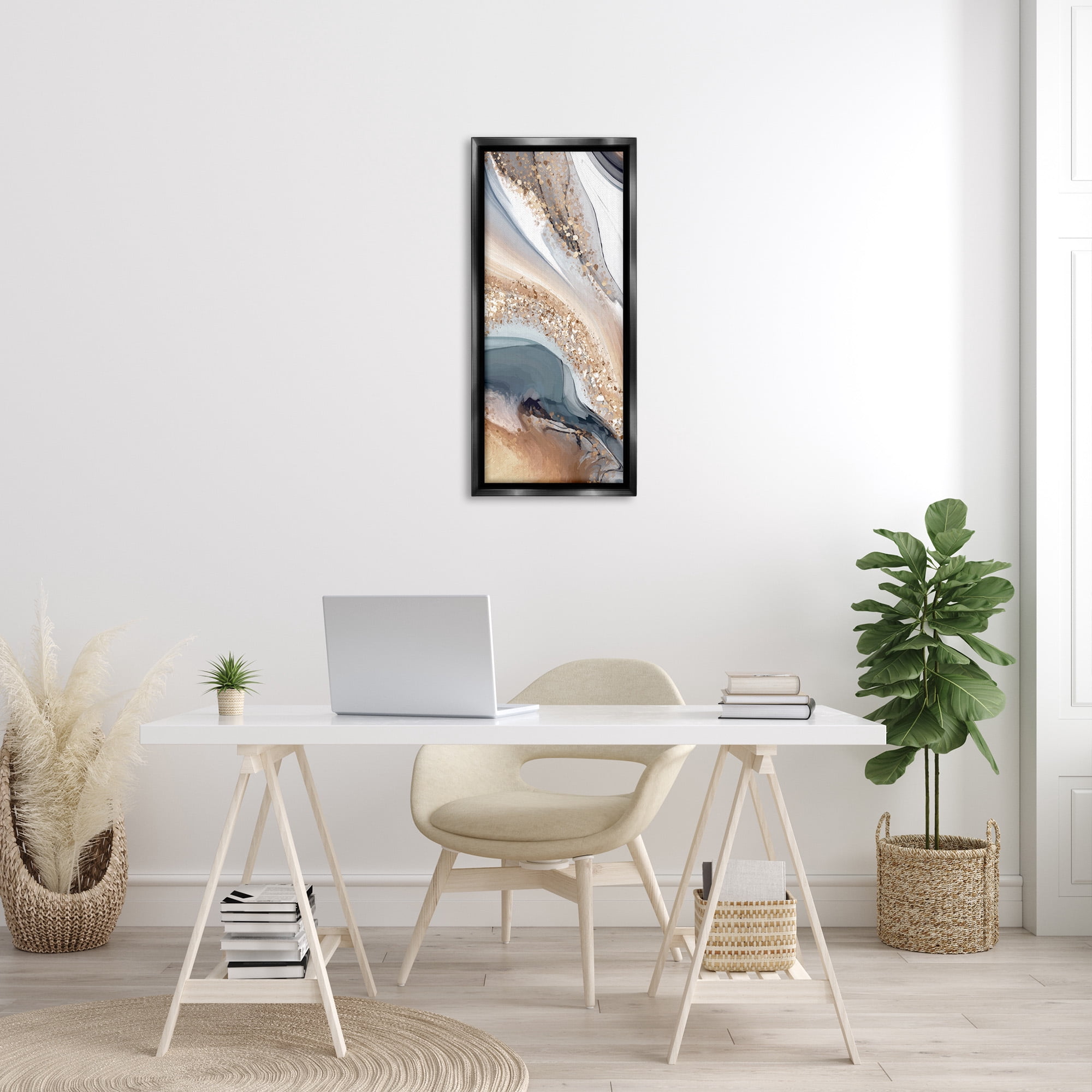 Stupell Industries Glam & Grey Waves Abstract Painting Black Floater Framed Canvas Art Print Wall Art, 15 x 31