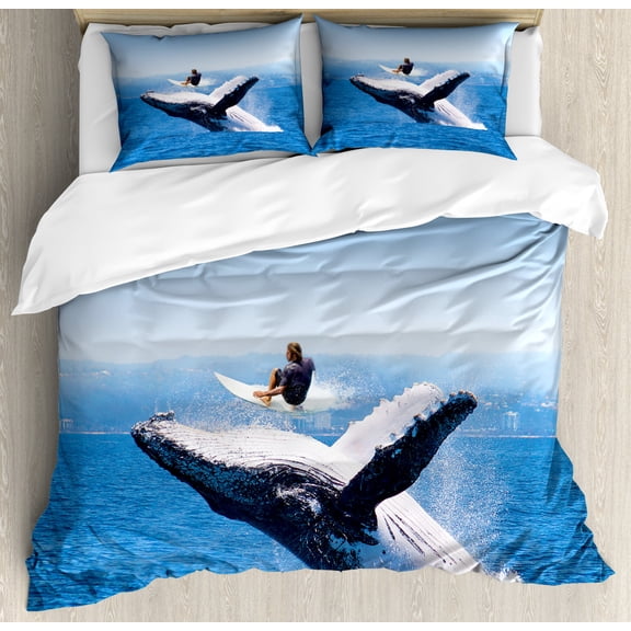 Animal Duvet Cover Set King Size, Jumping Dolphin and Surfer Sea Animal Fish Summer Sports Shore Cityscape Background, Decorative 3 Piece Bedding Set with 2 Pillow Shams, Blue White, by Ambesonne