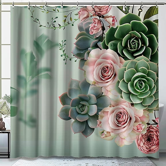 Pastel Green Shower Curtain with Succulents and Roses Floral Bathroom Decor Pink Cacti Design WaterResistant Fabric
