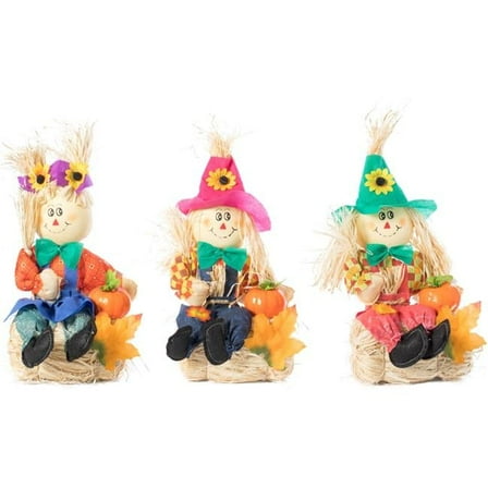 13 x 6 x 5.50 in. Garden Scarecrows Sitting on Hay Bale Decor, Multi Color - Set of 3
