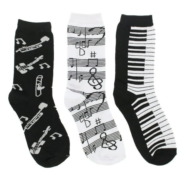 Women's Black White Music Notes, Piano Keys, Instruments Crew Socks, (3Pr)