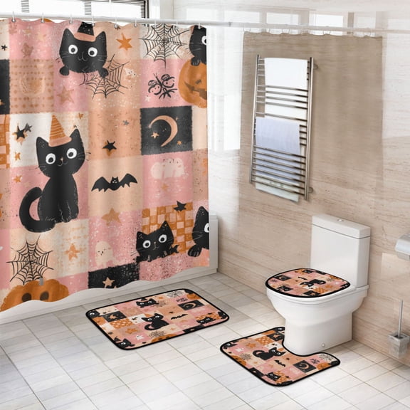 4-Piece Bathroom Set with Waterproof Shower Curtain with Non-Slip Bath Mat, U-Shaped Mat & Toilet Lid Cover Orange Halloween Motif